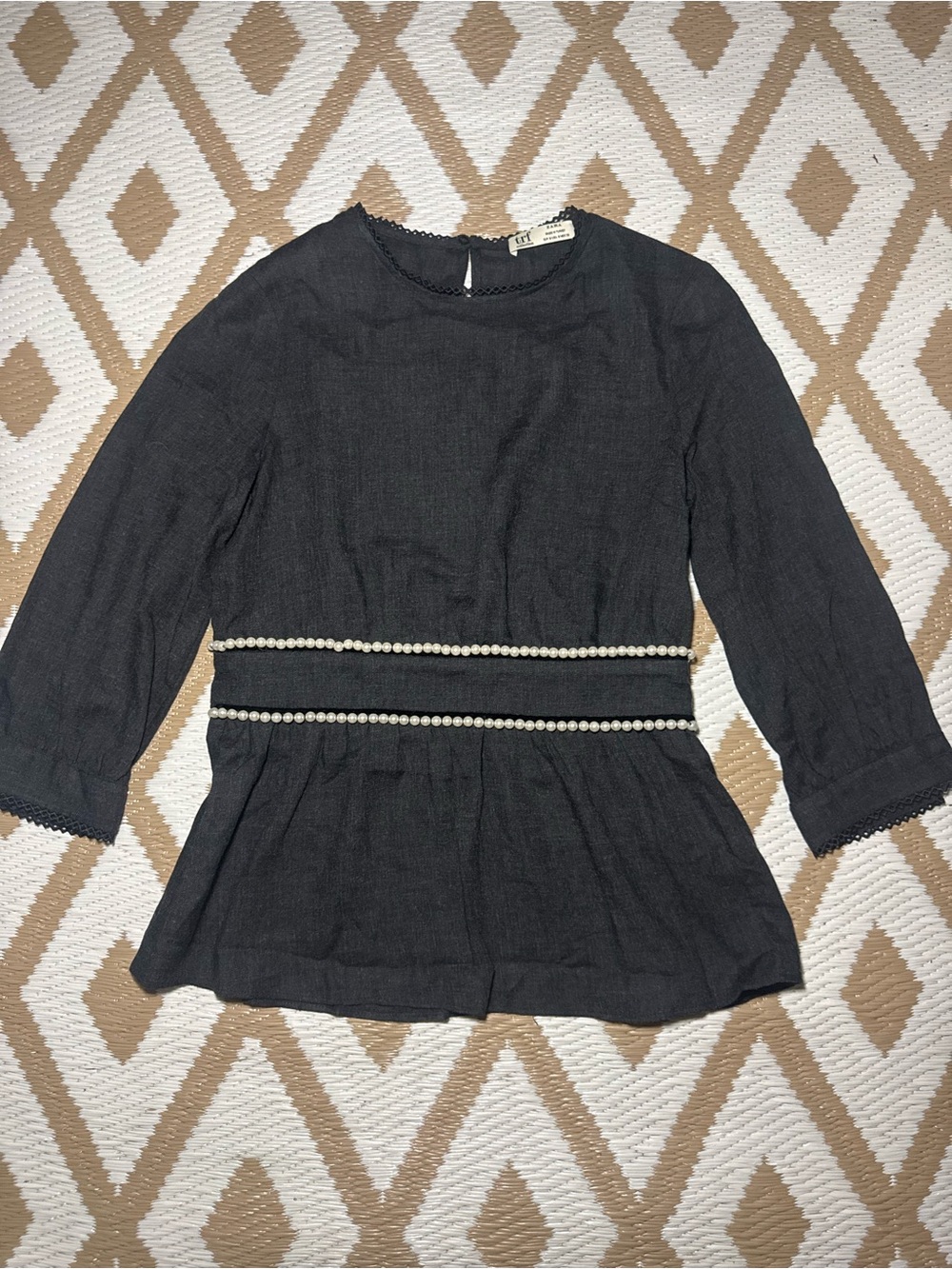 Zara TRF Collection Black Blouse Pearl Waist Detail Long Sleeve Size S